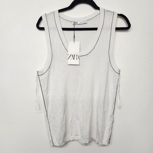 Zara Tank Top Black Trim White Ribbed Dad Style Y2K Grunge Everyday Cool Stylish